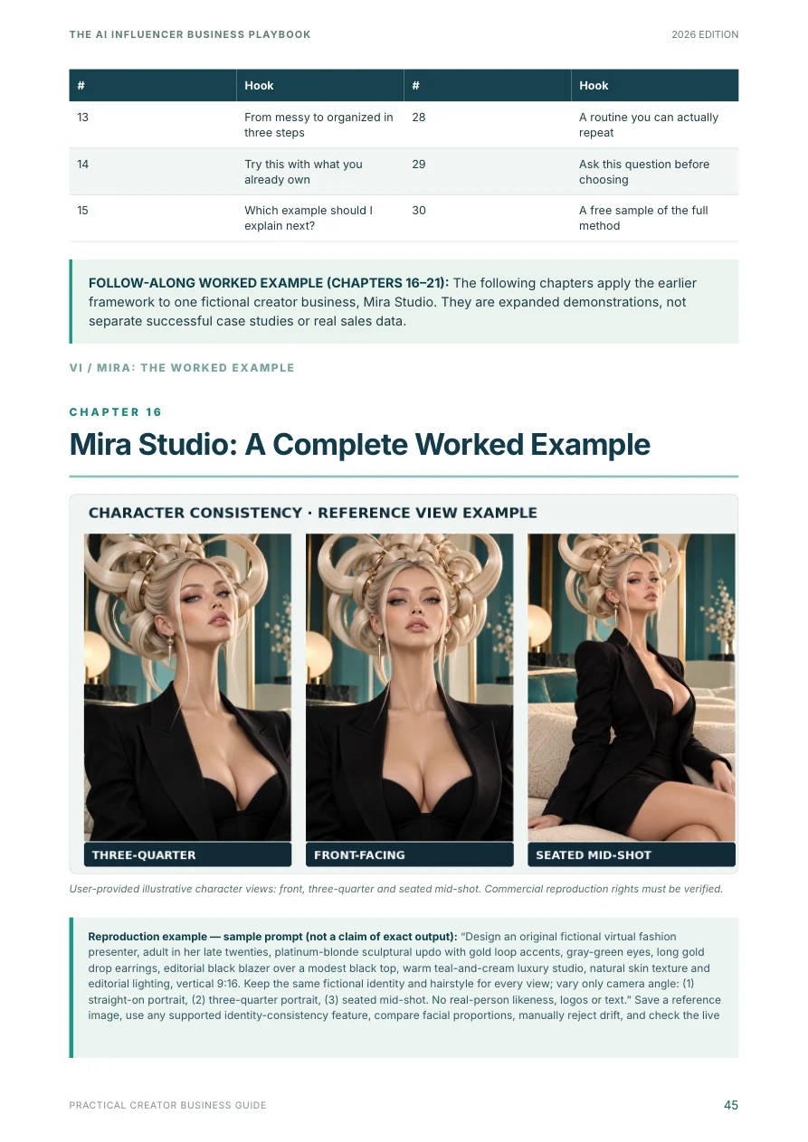 Book page 45: fictional virtual character example with portrait, three-quarter and mid-shot views