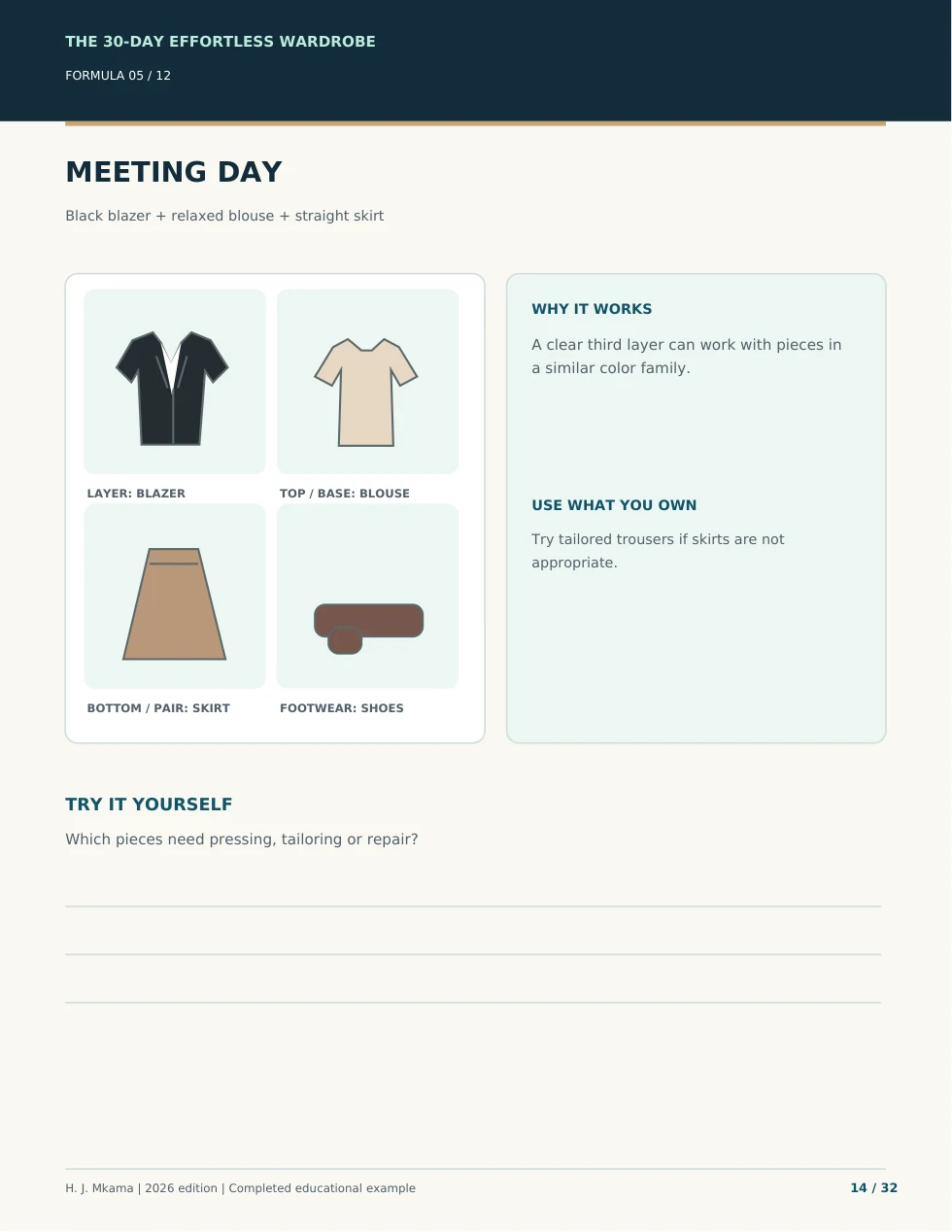 Real completed example workbook page with 12 outfit-formula illustrations